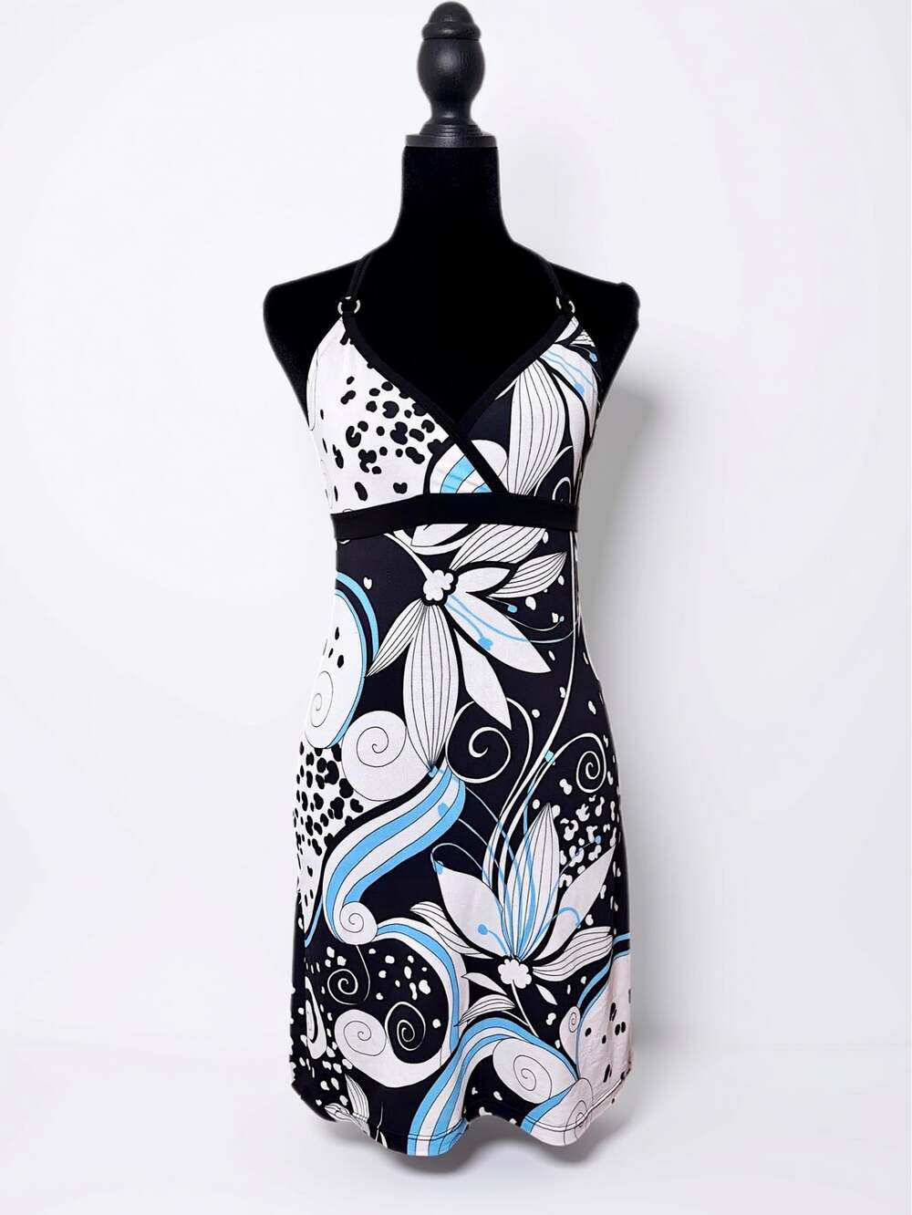 Black Blue Surplice Wrap Bust Babydoll Tie Neck Halter Mini Dress Y2K